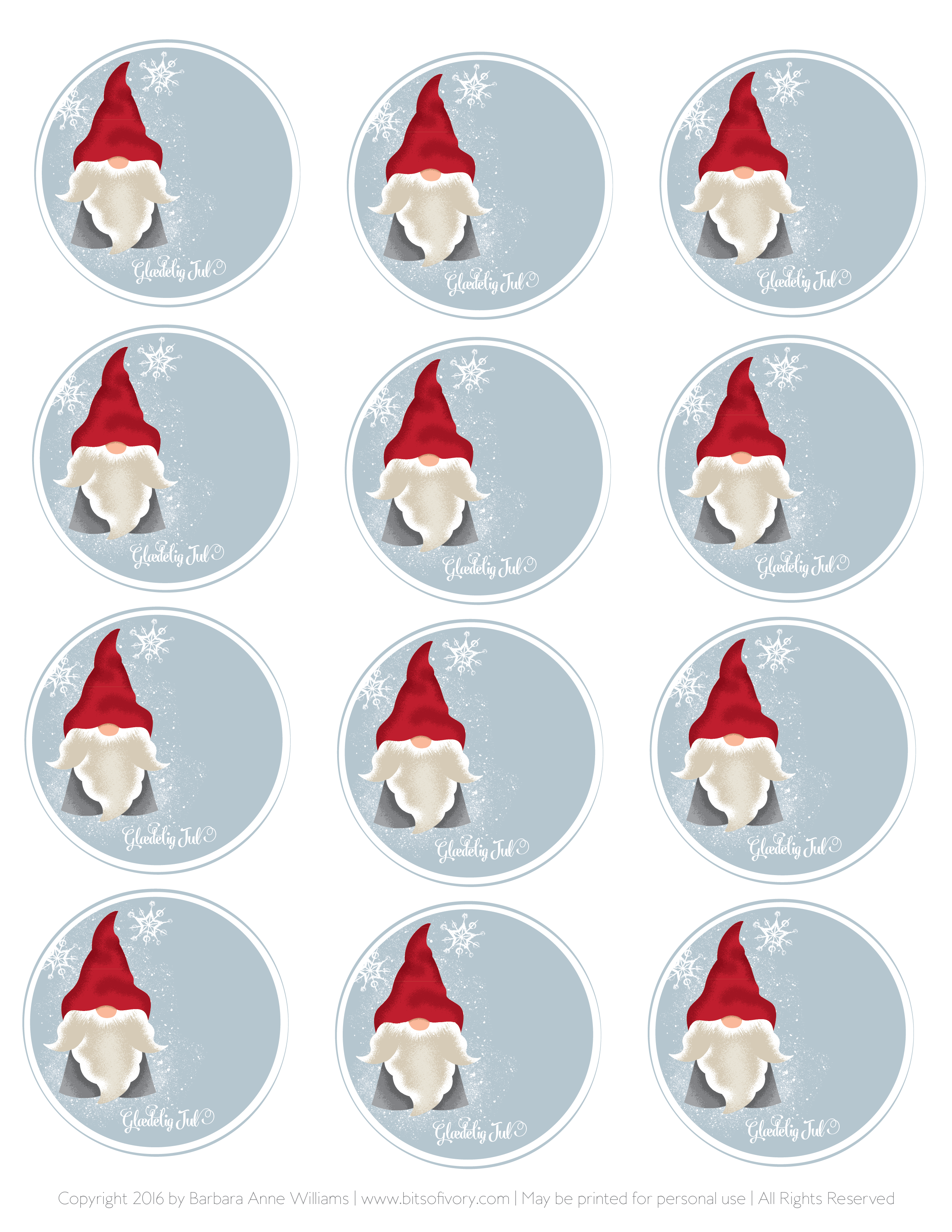 Printable Christmas Tags with Danish Nisse on snowy blue background from www.bitsofivory.com designed by Barbara Anne Williams