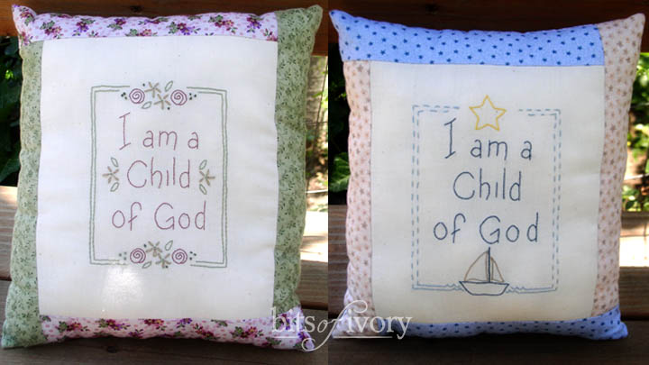 I am a Child of God embroidered pillows with flowers and sailboat