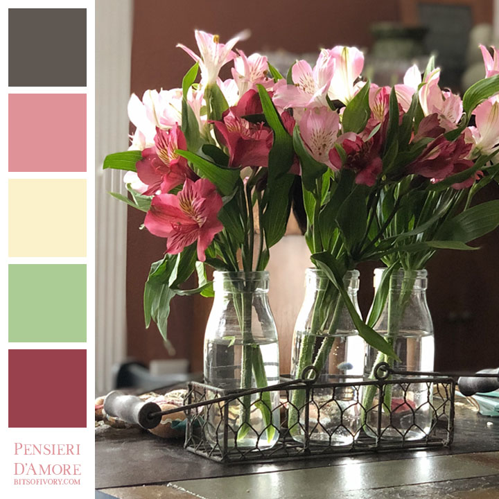 Flowers in glass vases and color squares titled Pensieri D'Amore for creative inspiration