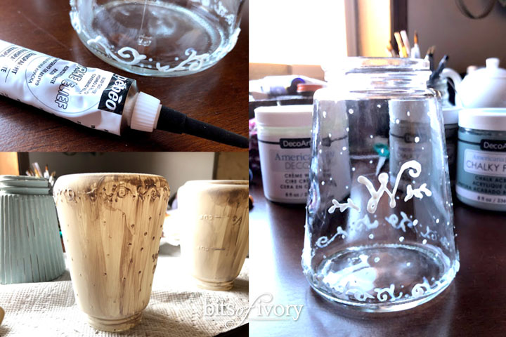 Preparing glass jars for chalk paint by adding texture using relief outliner