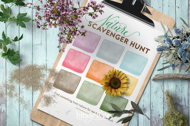 Photo of a nature scavenger hunt with color blocks