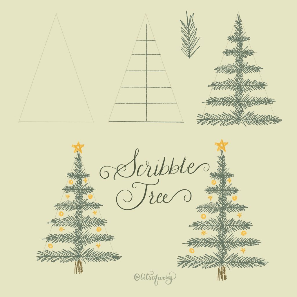 Draw scribble Christmas trees step-by-step illustration